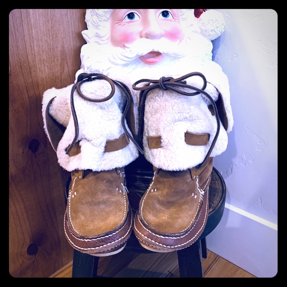 Repurposed/hand crafted Mocs. 100% Leather/Sherpa.